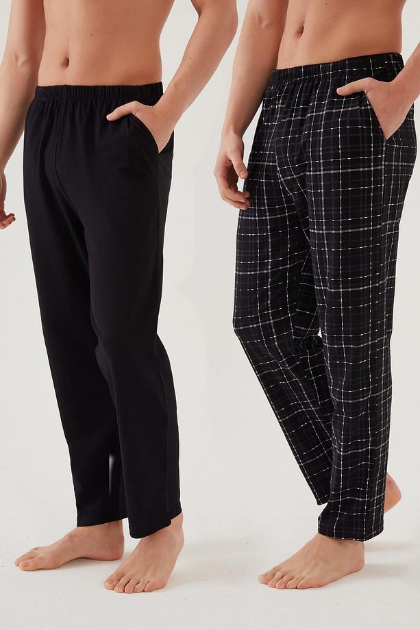 Erkek Pamuklu Ekose-siyah 2'li Tek Alt Pijama - 1