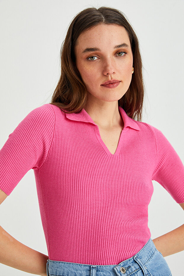 Kadın Polo Yaka Kısa Kol Basic Triko Bluz - 1