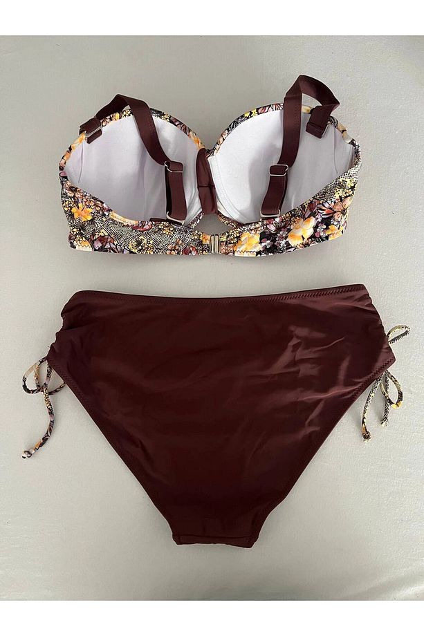 Kadın Kahve Çiçek Desenli Büyük Beden Astarlı Lacivert Bikini Takım HZL25S-LC3301 - 5