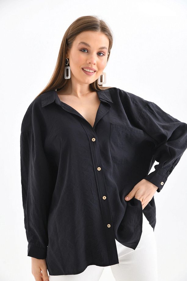 Kadın Uzun Kollu Oversize %100 Pamuk Basic Gömlek - 5