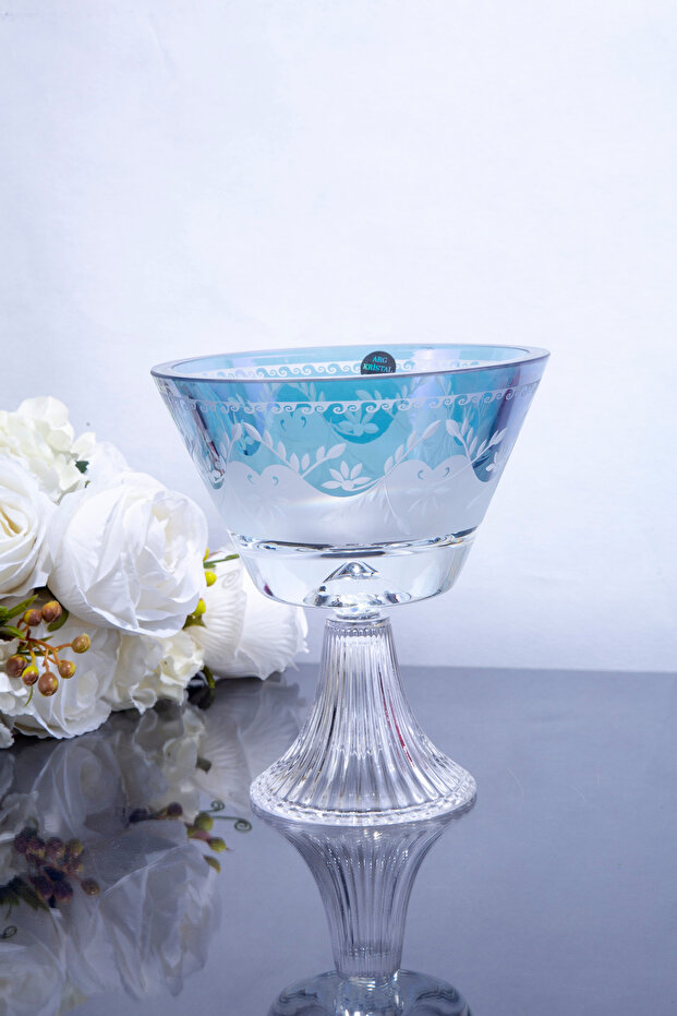Blue and White Patterned Footed Glass Presentation Bowl |   Crystal Look Bowl 19 cm