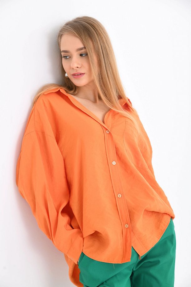 Kadın Uzun Kollu Oversize %100 Pamuk Basic Gömlek - 5