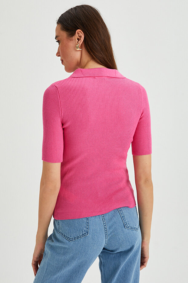 Kadın Polo Yaka Kısa Kol Basic Triko Bluz - 6