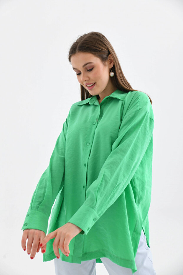 Oversize Uzun Kol Basic Yeşil Gömlek - 2