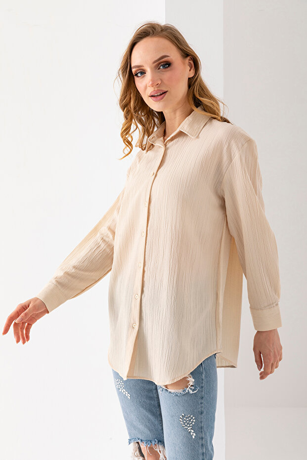 Women's Long Sleeve Regular Fit Textured Shirt Beige - 25Y 10040