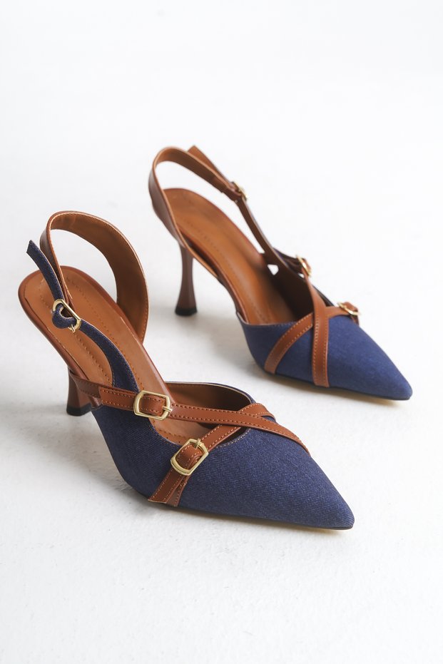 Livons Denim Navy Blue Denim Pointed Toe Closed Buckle Open Back Women's Stiletto Heeled Shoes