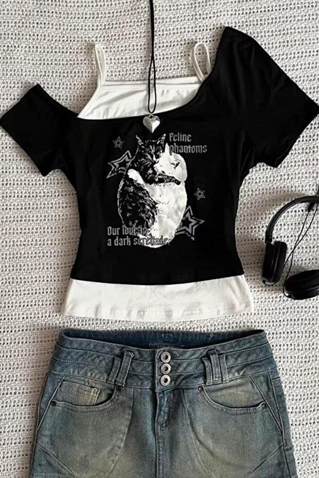 Black Balance Cat Our Love Is Short Sleeve Gothic Y2K Full Body Crop with Additional Strap