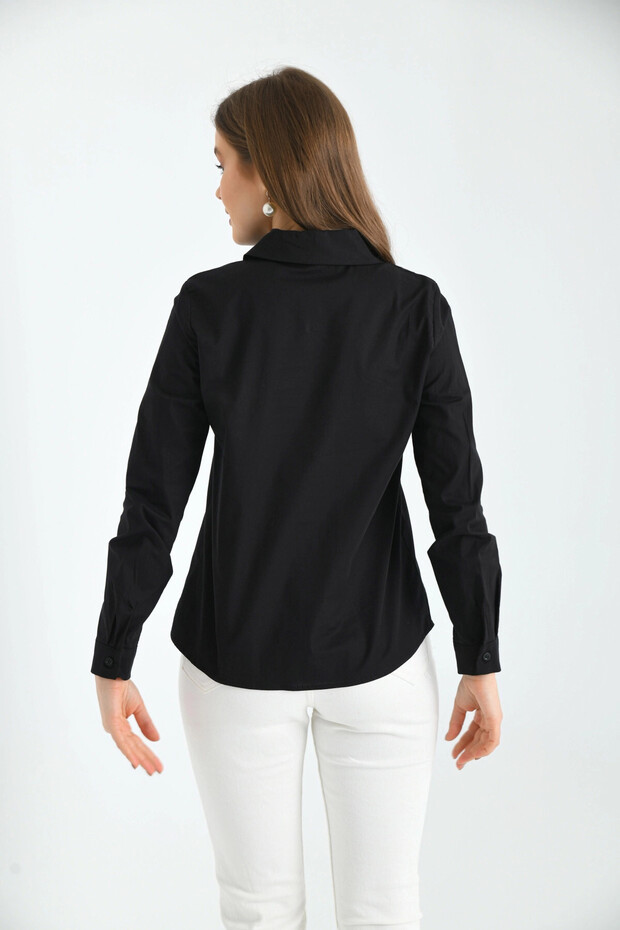 Kadın Siyah Basic Dokuma Gömlek - 8