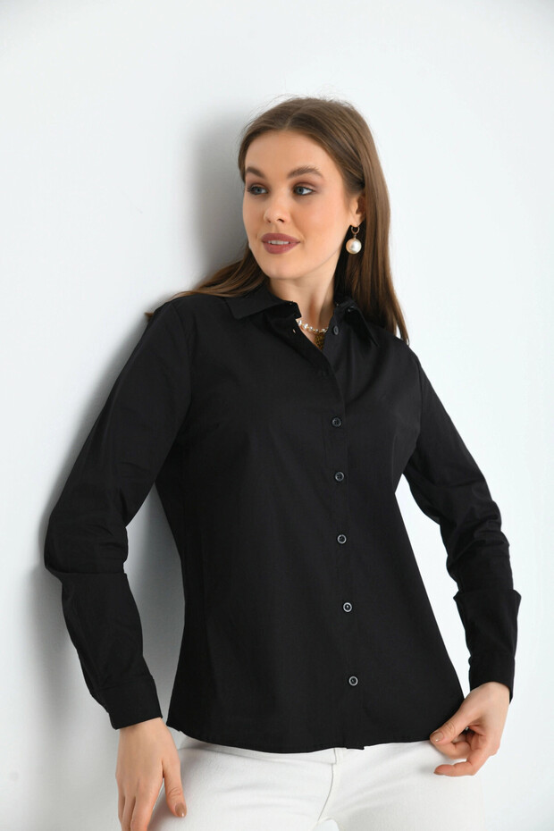 Kadın Siyah Basic Dokuma Gömlek - 1