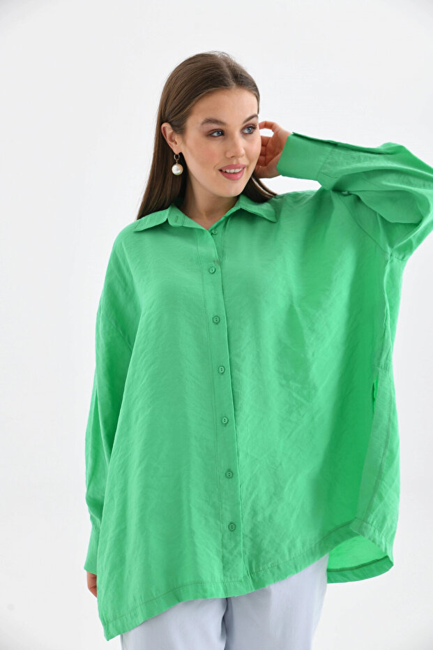 Oversize Uzun Kol Basic Yeşil Gömlek - 1
