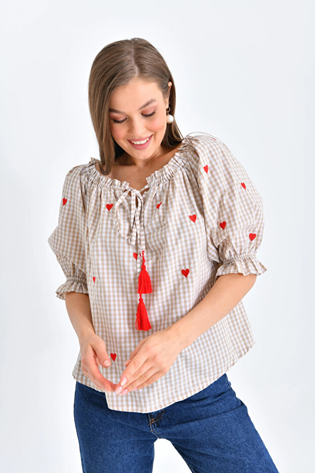 Μπεζ Oversize Μπλούζα - Gingham Collar, Ruffle - 7