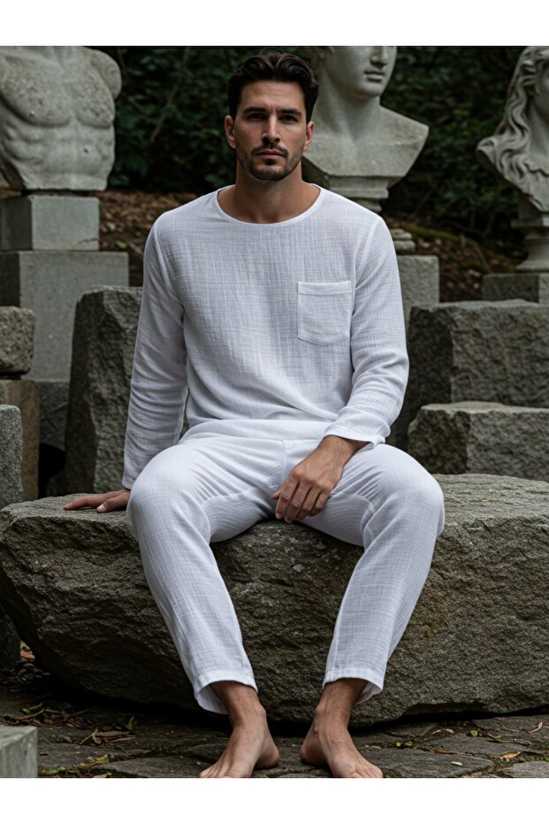 Organic Muslin Men's Set, Pajama Set, Natural Natural-Oeko Tex Certified Fabric