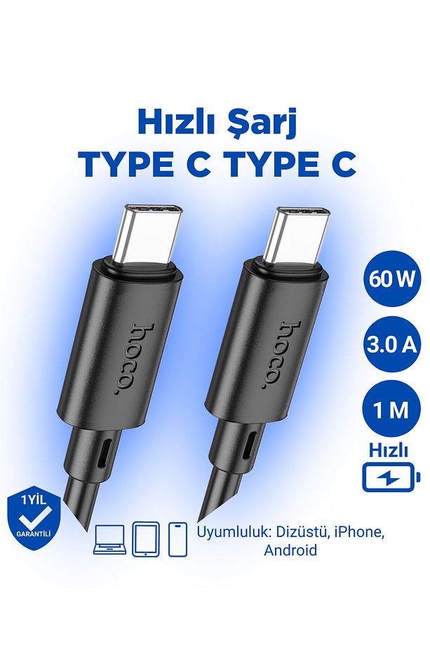 X88 60w 3a Type-c To Type-c Iphone Android Uyumlu Hızlı Şarj Veri Kablosu Siyah 1 Metre - 1