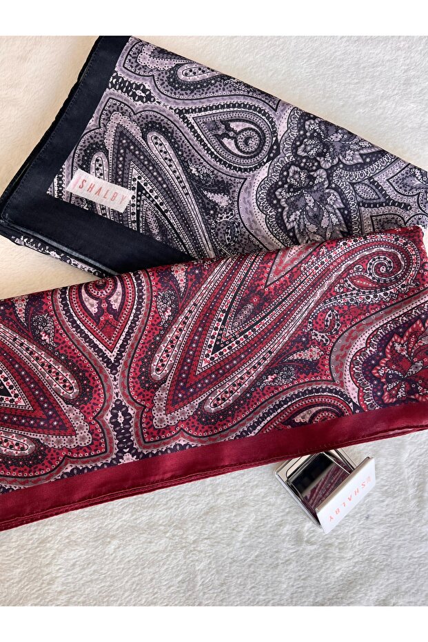 Hijab Ethnic Patterned Cotton Shawl Set of 2 and Makeup Mirror Claret Red - Gray
