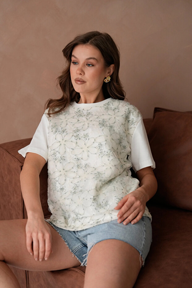 Önyüzü Tül Dantel Giydirmeli Basic T-Shirt - 3