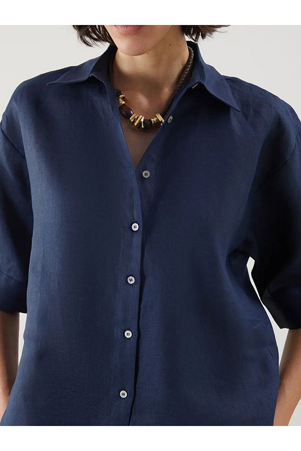 LCW Vision Indigo Oversize Keten Kadın Gömlek - 3