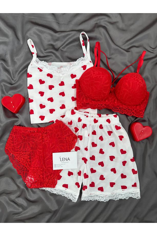 Kalp Döngüsü Dörtlü Şortlu Pijama Takımı - 1