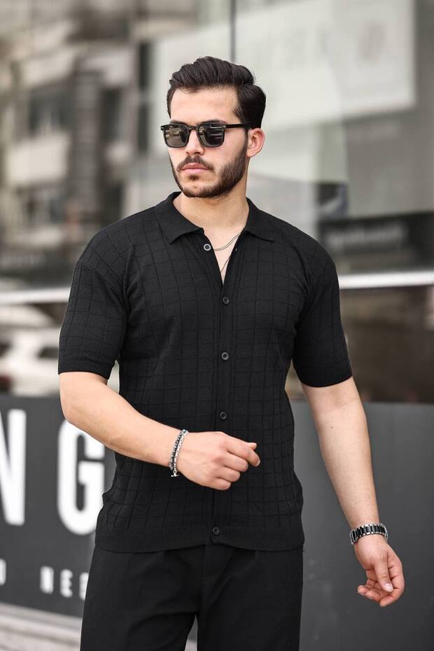 Erkek Siyah Örme Kumaş Gömlek - 2