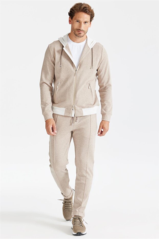 Bej Pamuk Kapüşonlu Eşofman Takımı - 1
