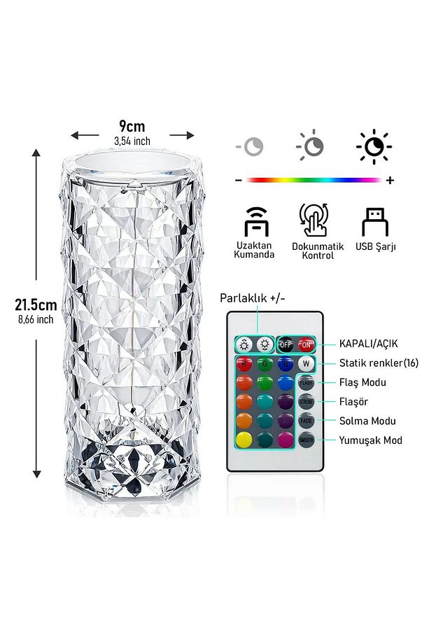 Kristal Elmas Led Dokunmatik Sensör Usb Şarjlı Masa Lambası RGB Gece Lambası - 5