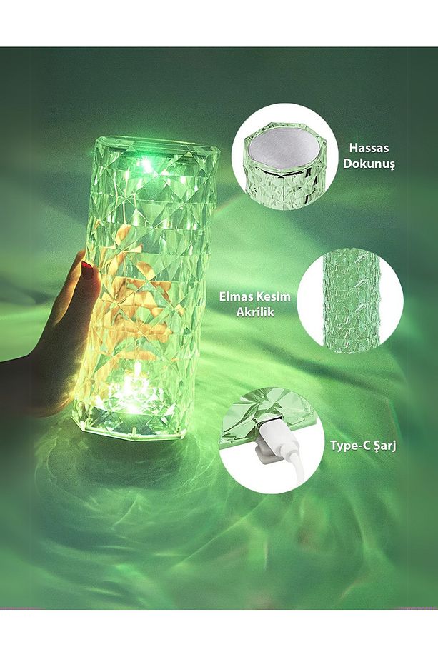 Kristal Elmas Led Dokunmatik Sensör Usb Şarjlı Masa Lambası RGB Gece Lambası - 4