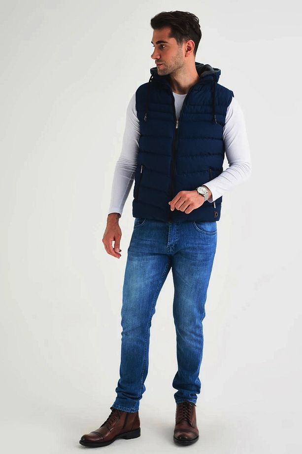 Erkek Lacivert Kapüşonlu Polar Astarlı Şişme Yelek - 3