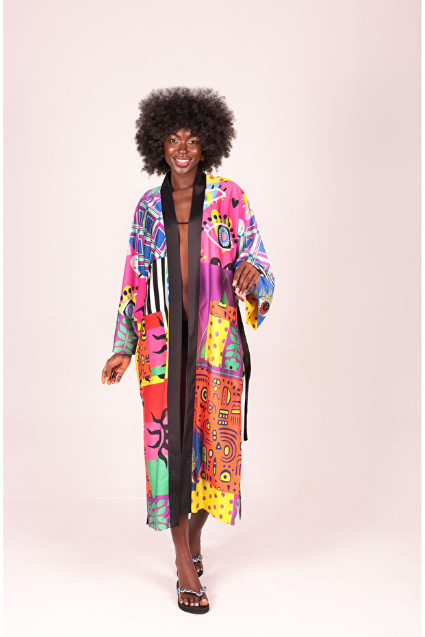 Viora Kimono - Eğlenceli Çok Renkli Desen, Ipek Saten, Düşük Kol, Kuşaklı - 5