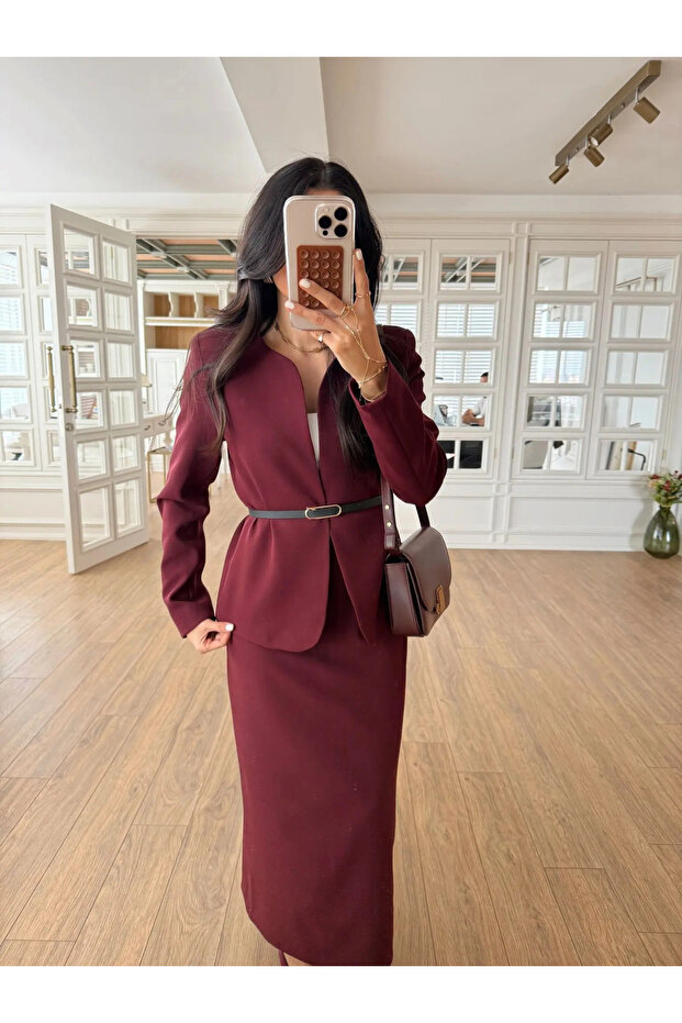 Claret Red Elvira Pencil Skirt Jacket - 8661