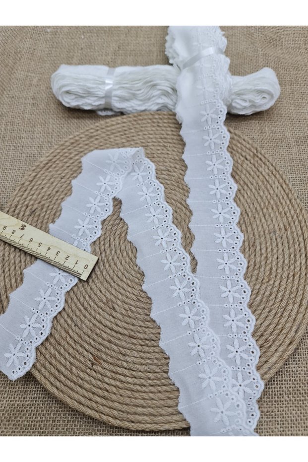 Lace Fisto Voile Embroidery on the Lace, Width 5cm Luxury Fisto Lace Ecru 1 Roll 8.5 Meters