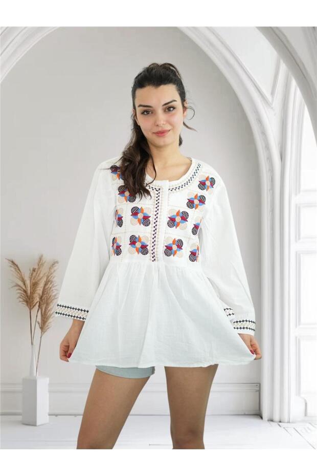 White Wind Rose Embroidered Blouse