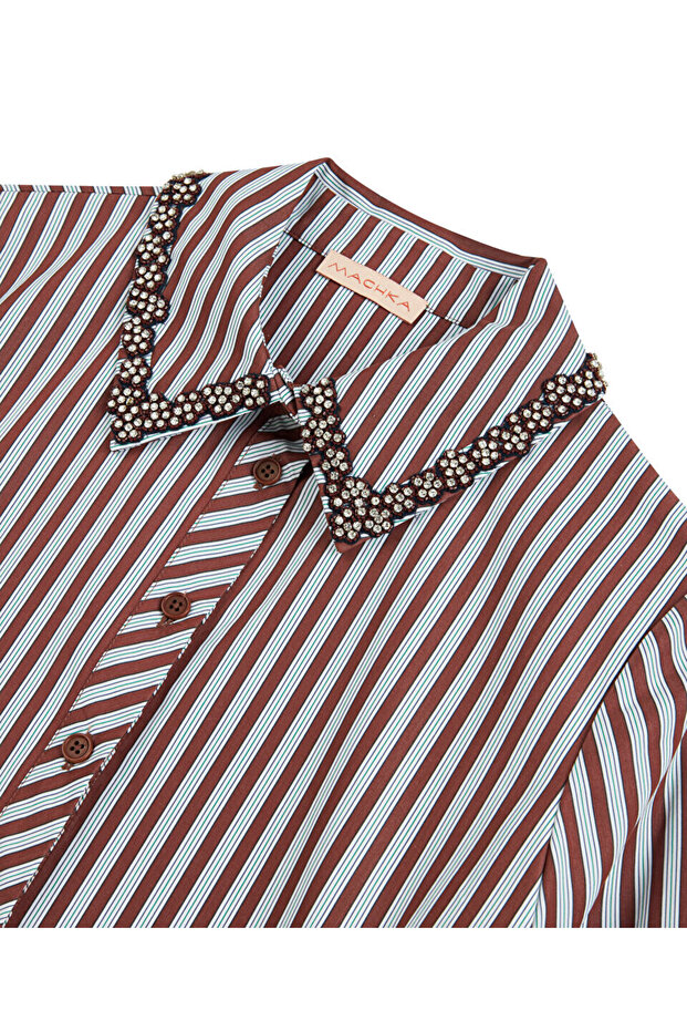 İşlemeli çizgi desen gömlek - 4
