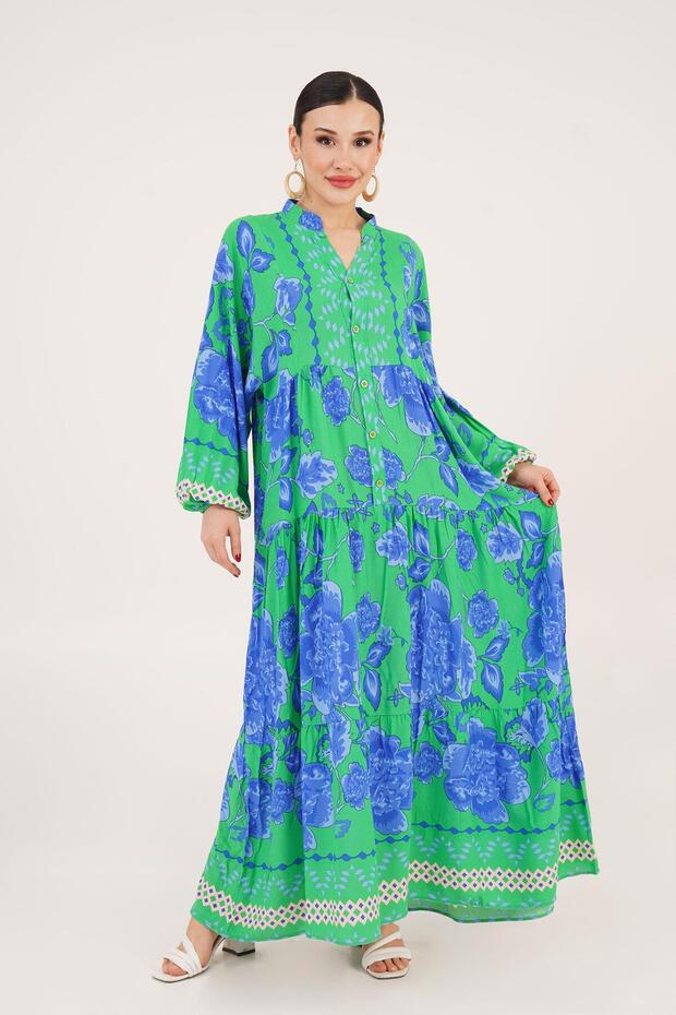Patterned Button Detailed Loose Benetton Dress with Judge Collar