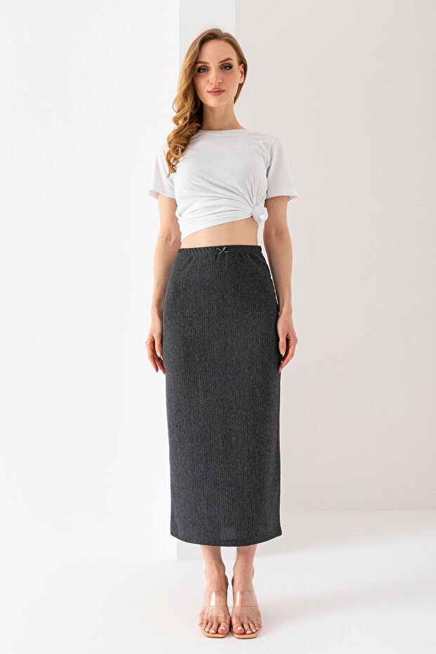 Women's elastic waist long textured pencil skirt anthracite - ms0000567