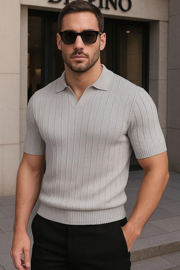Polo Neck Knitwear Men's Cotton T-Shirt