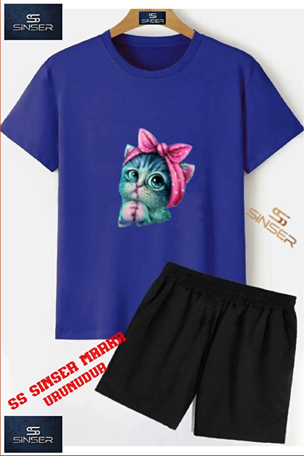 Children's Cute Cat Custom Printed Crew Neck T-Shirt - Shorts Set