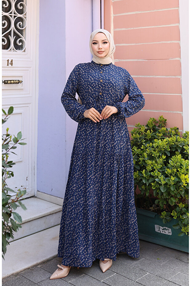 Viscose Fabric Half Button Patterned Dress 0043-01 Navy Blue