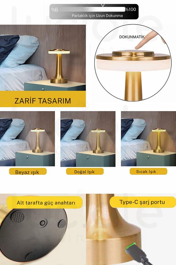Oslo Gold Şarjlı Dokunmatik Dimlenebilir 3 Renk Masa Lambası - Type-C - 7