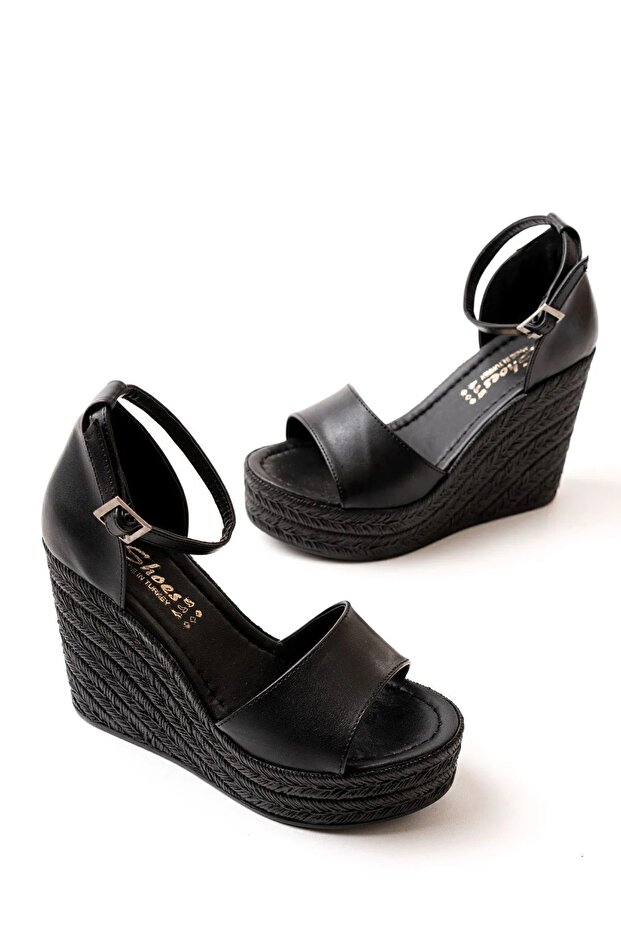 Kadın Verla Siyah Tek Bant Yüksek Dolgu Taban Ayakkabı - 1