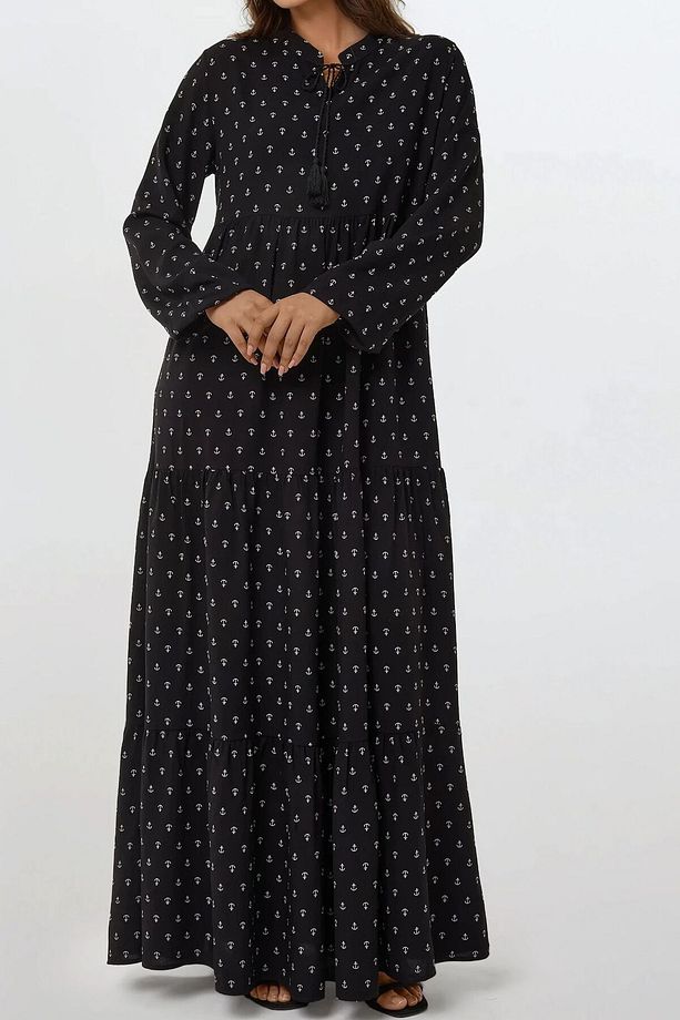 Baskılı Uzun Kol Viskon Maxi Elbise - 4