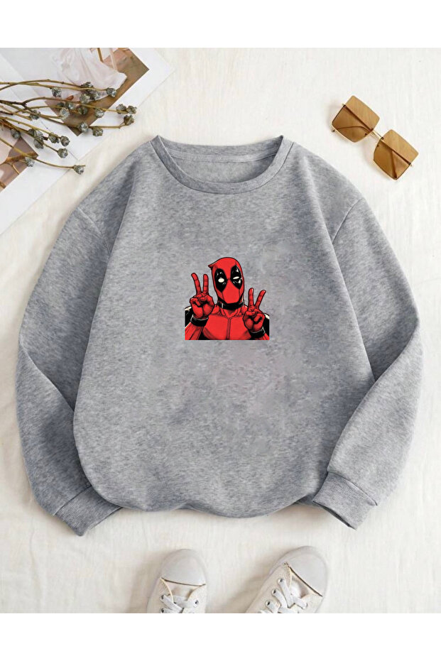 Oversized Dedpool Printed Detail Basic Sweatshirt with Crew Neck - 1