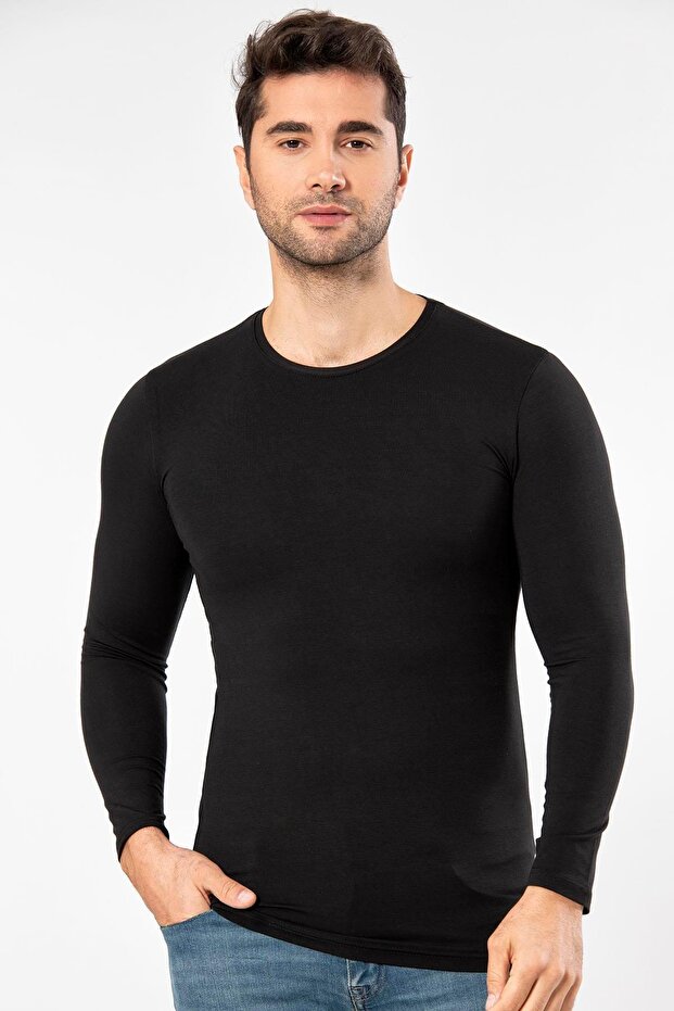 Black Super Thin Men's Natural Bamboo Luxury Long Sleeve T-Shirt 1131