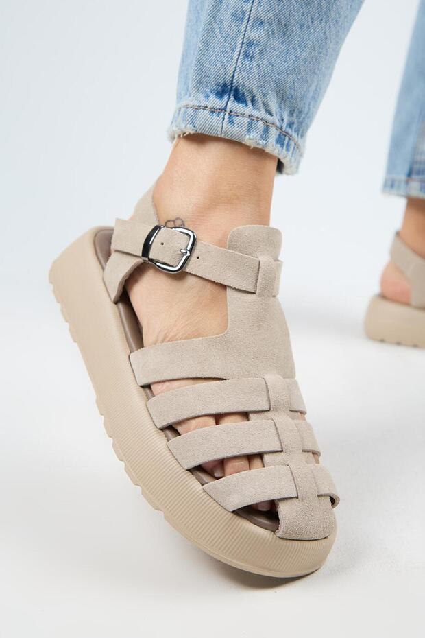 Rosa Women's Genuine Leather Beige Sandals with Buckle