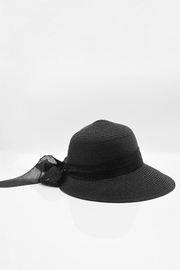 Women's Black Straw Hat with Bow Detail