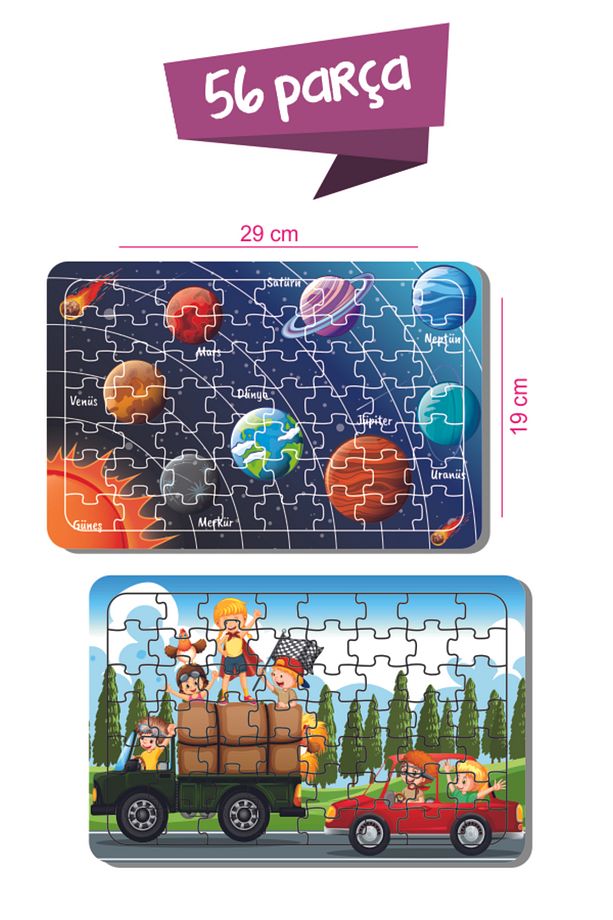Dinozor, Sevimli Araçlar, Unicorn, Hayvanlar, Gezegen, Kamyon, Araba 16-25-56 Parça Ahşap Puzzle Set - 4