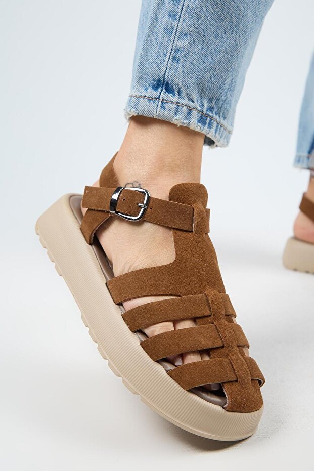 Rosa Women's Genuine Leather Caged Sandals Dark Tan Sandals