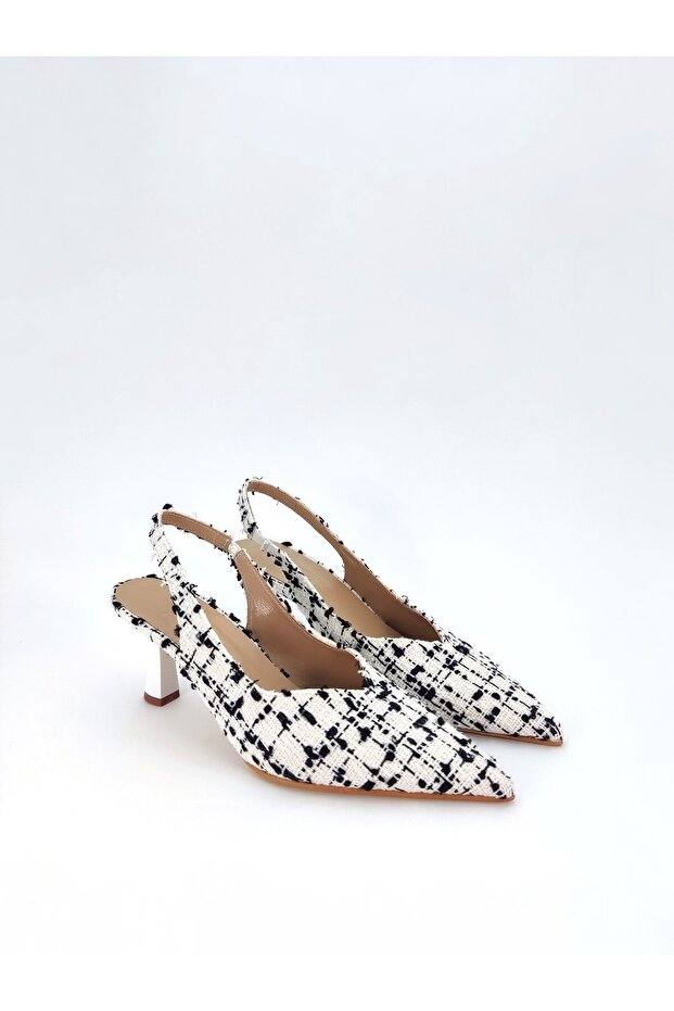 Angelle White-Black Linen Women's Heeled Shoes