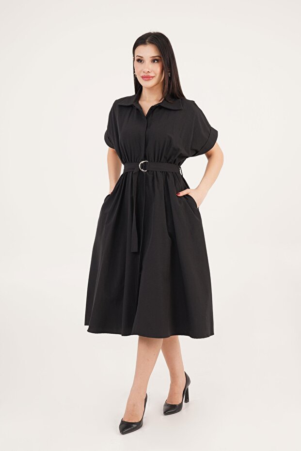 Belted Hidden Button Polo Neck Black Dress