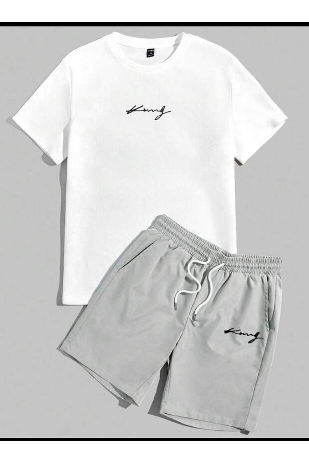 Unisex White T-Shirt Gray Shorts Top Bottom 2 Piece Set