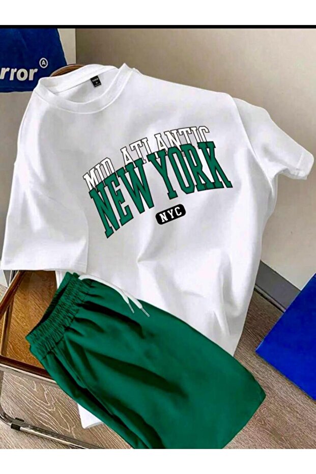 Unisex Nyc White T-Shirt Green Shorts Top Bottom 2 Piece Set