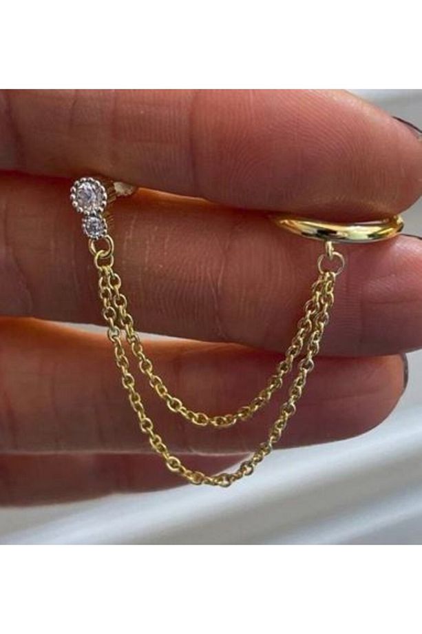 İthal Yüksek Kalite Üretim Kuşgözü Taşlı Uzun Zincirli Hem Küpe Hem De Kıkırdak Model 2li Küpe 925 - 4